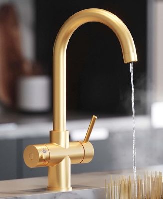 EVO ATHENA/350 SERIES 3 IN 1 BRUSHED GOLD BOILING WATER MONO DUAL LEVER SWAN NECK KITCHEN SINK MIXER TAP, SWIVEL SPOUT with DIGITAL TANK, BWT355BG
